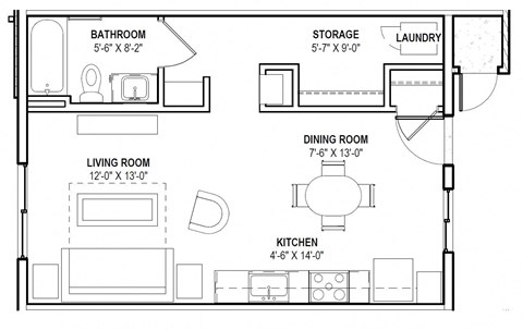 Floor plan for studio, 1 bath, 468 sqft